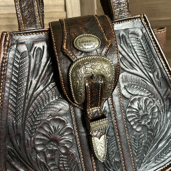Vintage American West Tooled Leather Floral Satchel Tote Handbag Dark Brown - Picture 4 of 8